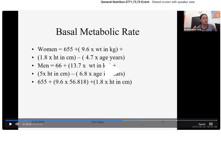 ConferZoom interface showing a presentation slide defining a "Basal Metabolic Rate" and a small image of the instructor.