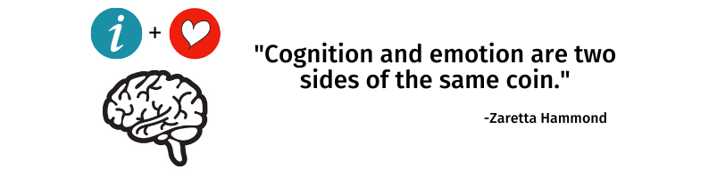 Cognition and emotion are two sides of the same coin." a quote by Zaretta Hammond beside a brain with an "i" for information and a heart for emotion above it.