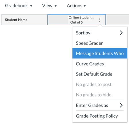 Canvas interface showing how to "message students who"
